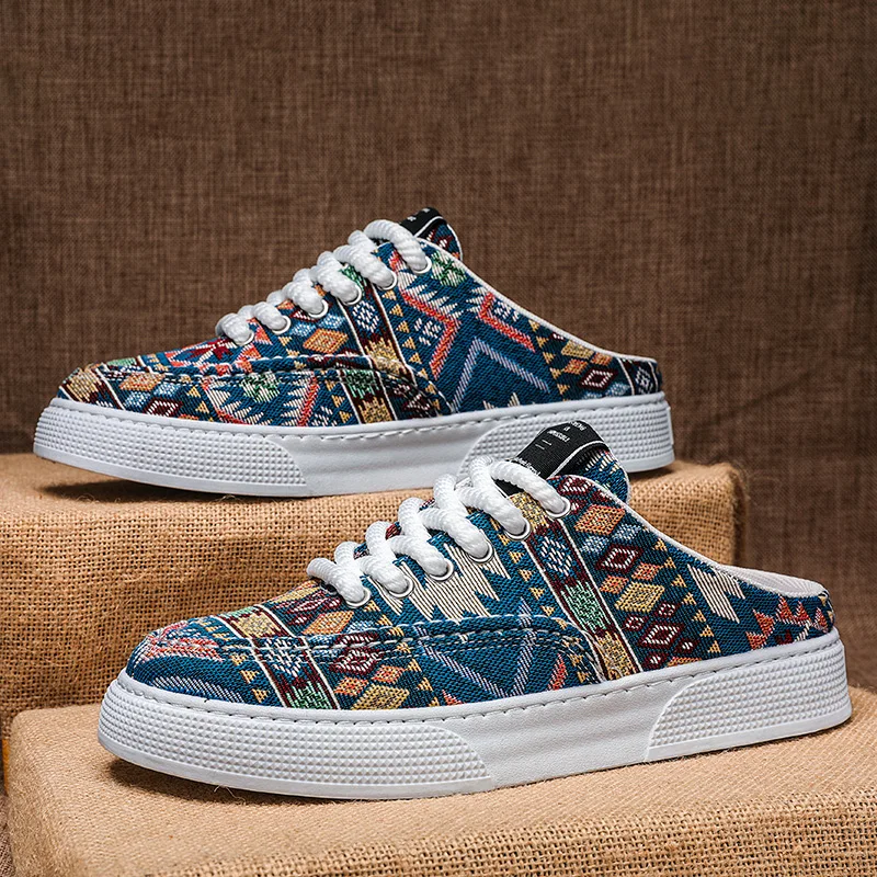 Men's Half Shoes New Summer Fashion Lace Up Casual Shoes Mixed Colors Ethnic Comfortable Canvas Shoes Lightweight Men's Sneakers