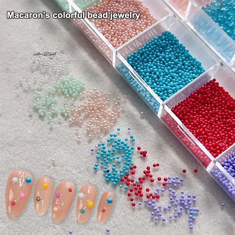 12 przegródek/pudełko Ozdoby do paznokci 3D Kolorowe perły Okrągłe koraliki Biżuteria Manicure Rzemiosło Cyrkonie Akcesoria do dekoracji