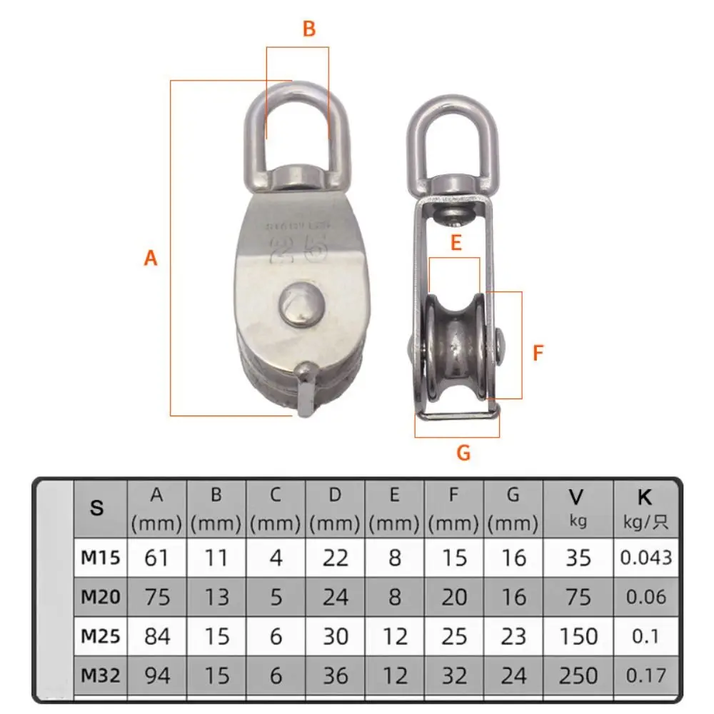 M15/20/25 Stainless Steel Single Double Groove Pulley Heavy Duty Steel Traction Wheel Swivel Lifting Rope Pulley Block Tool