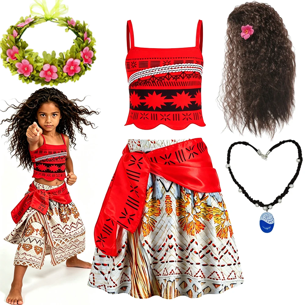 Moana Costume Kids Cosplay Dress for Girls Printed Strapless Skirt with Ocean Necklace Gift Party Outfit Birthday Gift