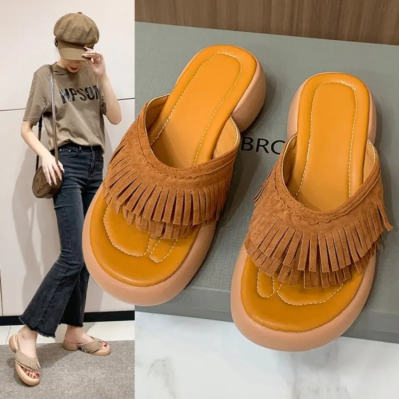 

NEW Tassel Fringe Slipper Women Shoes Metal Buckle Decor Fish Mouth Slides Sandals Chunky Squared Heel Leisure Summer Mules Shoe