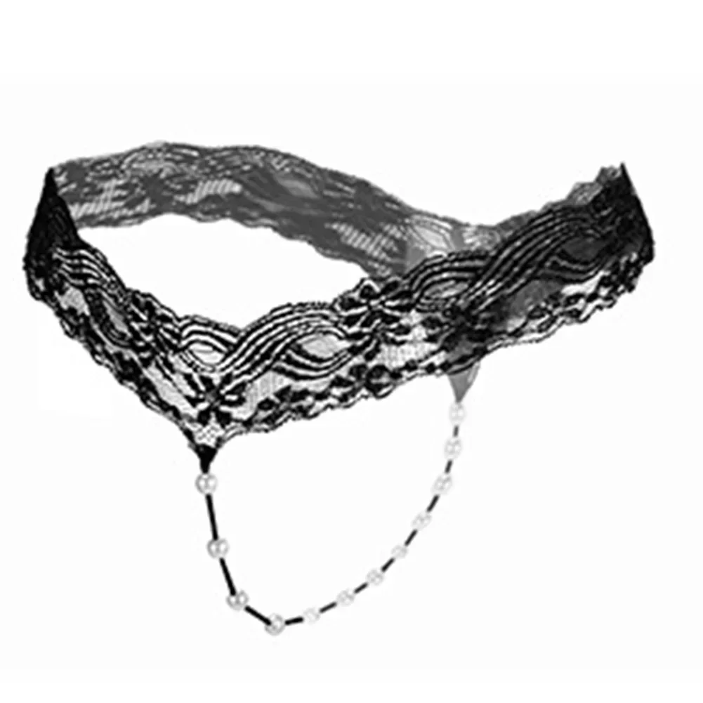 Women Sexy Lace Perspective T-back Underpants Beaded Thong Briefs See Through Open Butt Panties Erotic Underwear Lingerie