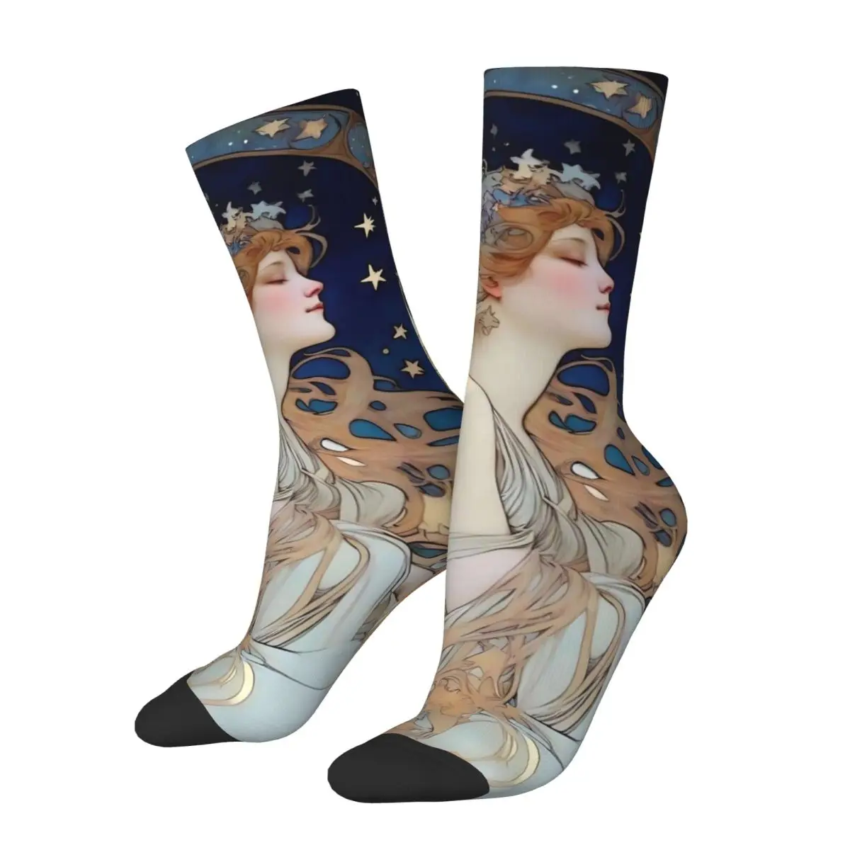 Art Nouveau Stockings Adults Men Alphonse Mucha Inspired Moon and Stars Socks Breathable Socks Autumn Skateboard Non Slip Socks