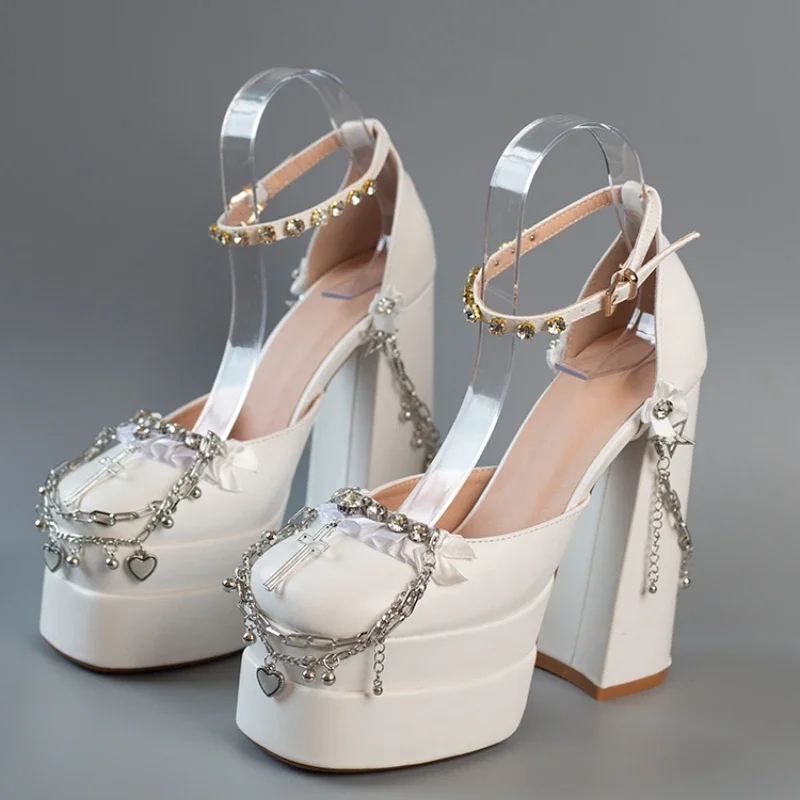 2026 Newest Metal Chain Pink Sandals 15cm High Heel Fashion Lolita Lace Satin Princess Birthday Dancing Party Shoes Size 35-42 view 5