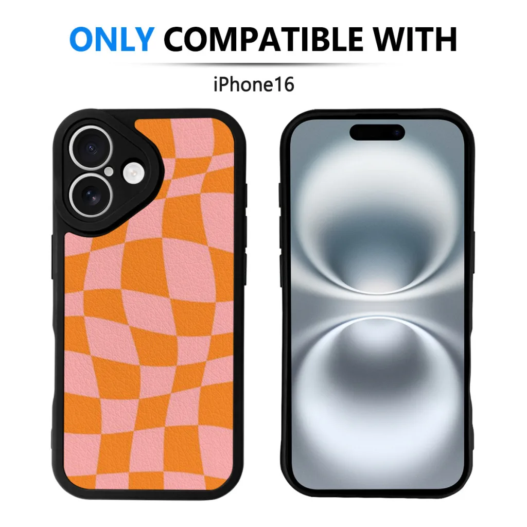 Phone Case For iPhone 16 Pro Max Plus Silicone Skin Case Warped Checkered Pattern (orangepink)