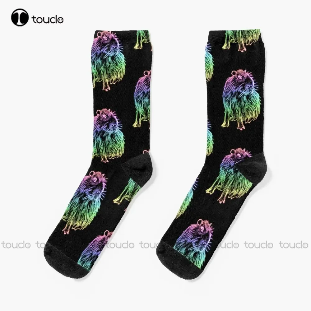 Neon Rainbow Glowing Capybara Socks High Socks Personalized Custom Unisex Adult Teen Youth Socks 360° Digital Print Custom Gift