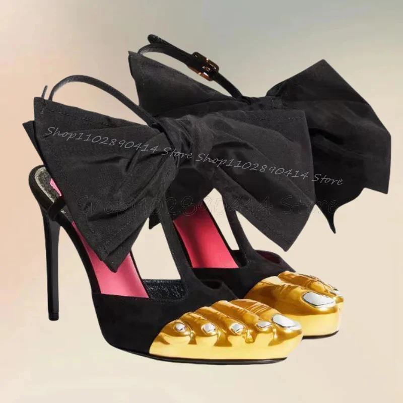 

Golden Five Fingers Black Bow Knot Decor Sandals Ankle Buckle Strap Women Shoes Thin High Heels Runway 2025 Zapatos Para Mujere