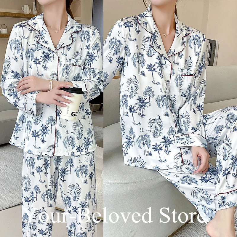 Coconut Tree Print Pajamas Set Women Casual Holiday Loungewear Ice Silk Shirt&pants 2Pcs Trousers Suit Sexy Lapel Home Clothes