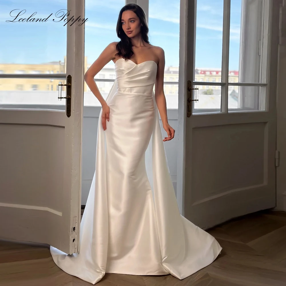Lceland Poppy Customized 2 Pieces Mermaid Strapless Satin Wedding Dresses Sleeveless Bridal Gowns with Detachable Cape
