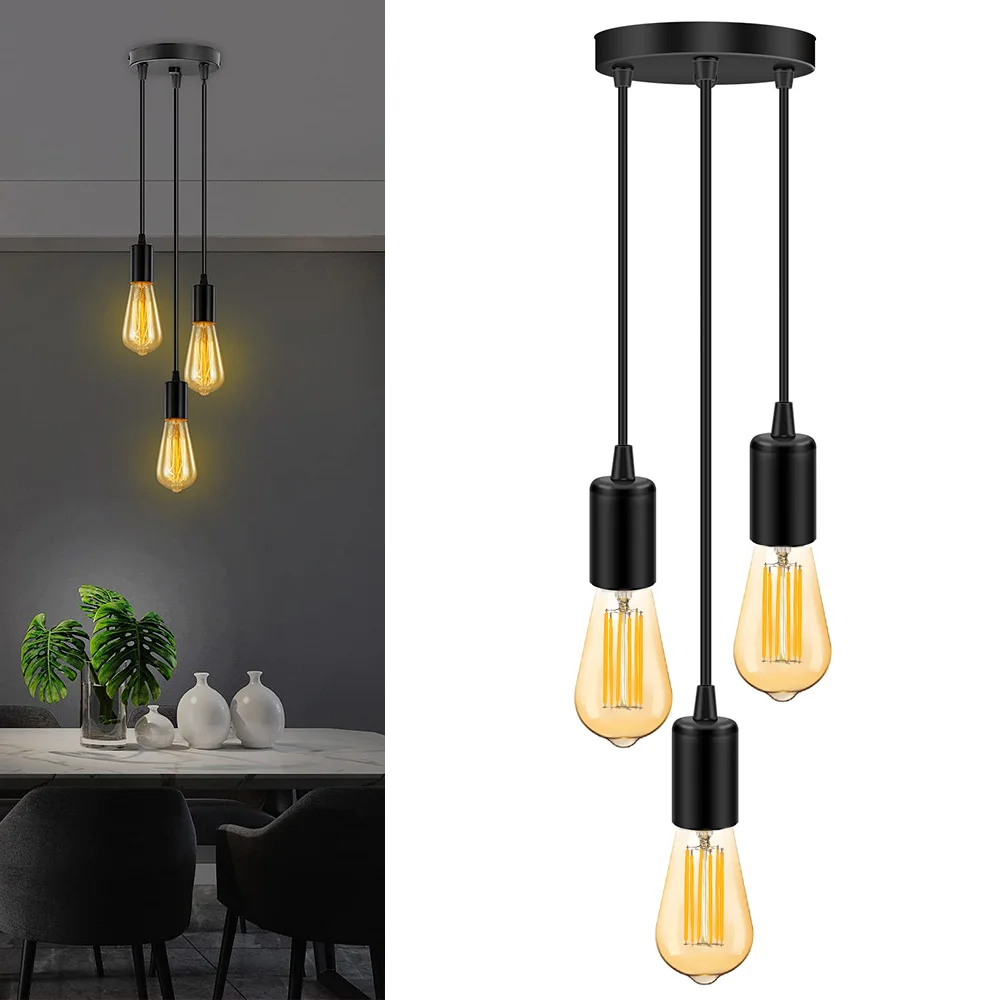 3 Way Ceiling Pendant Lights Industrial Lamp Holders E27 Socket Hanging Light Base with 1m Ajustable CabIe Black for Dining Room