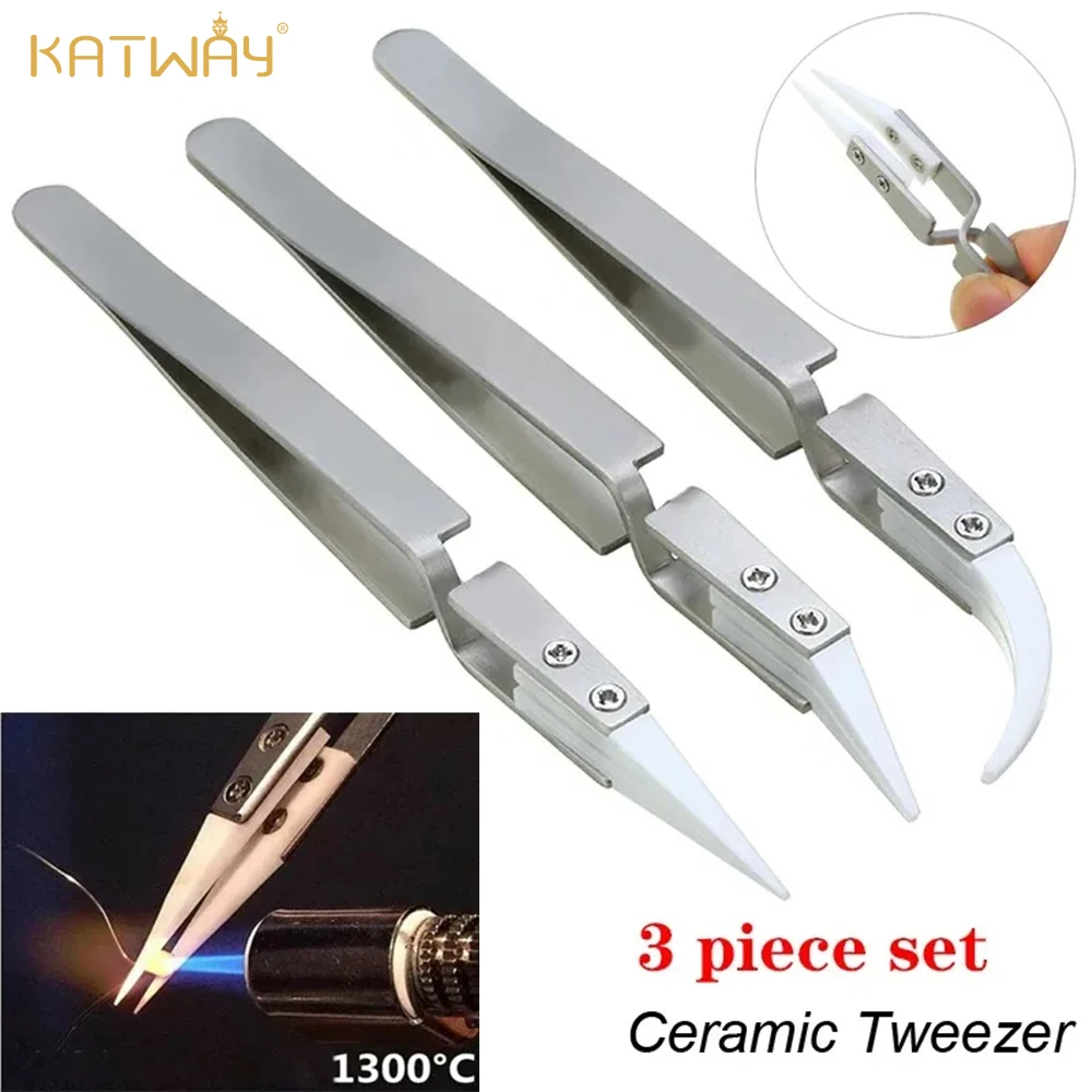 

KATWAY 1/3pcs Anti-Static Ceramic Tweezers, Straight Tip, Acid Resistant Reverse Electronic Soldering Chuck Tweezers HH-AA19