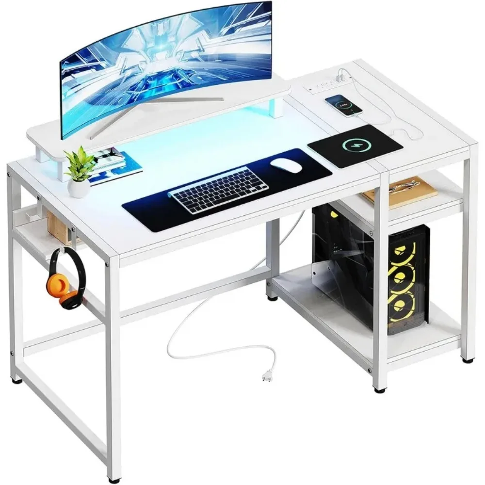 48 inch Gaming Desk with Led Lights & Power Outlets, Computer Desk with Shelves & Monitor Stand, CPU Stand, Headphone Hook