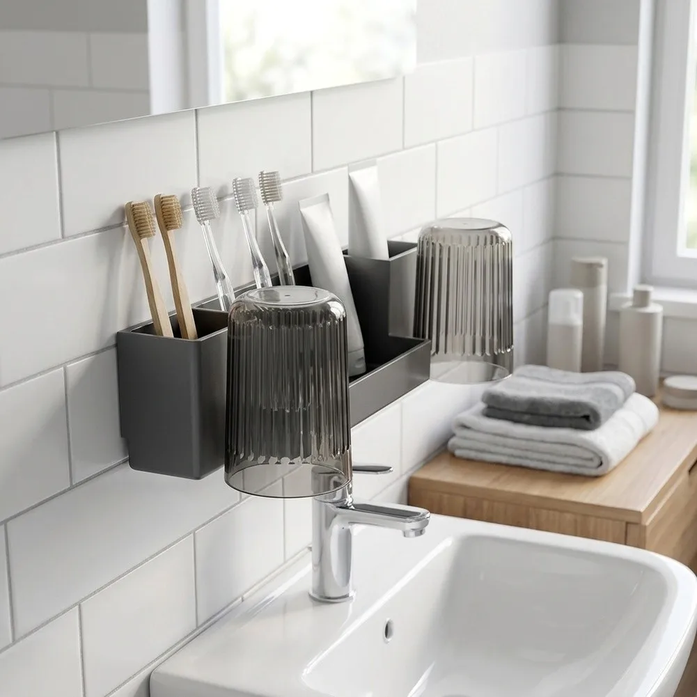 Toothbrush Holder Wall Mounted for Bathroom with Separate Adult Sections Holds Electric Manual Brushes Toothpaste ABS
