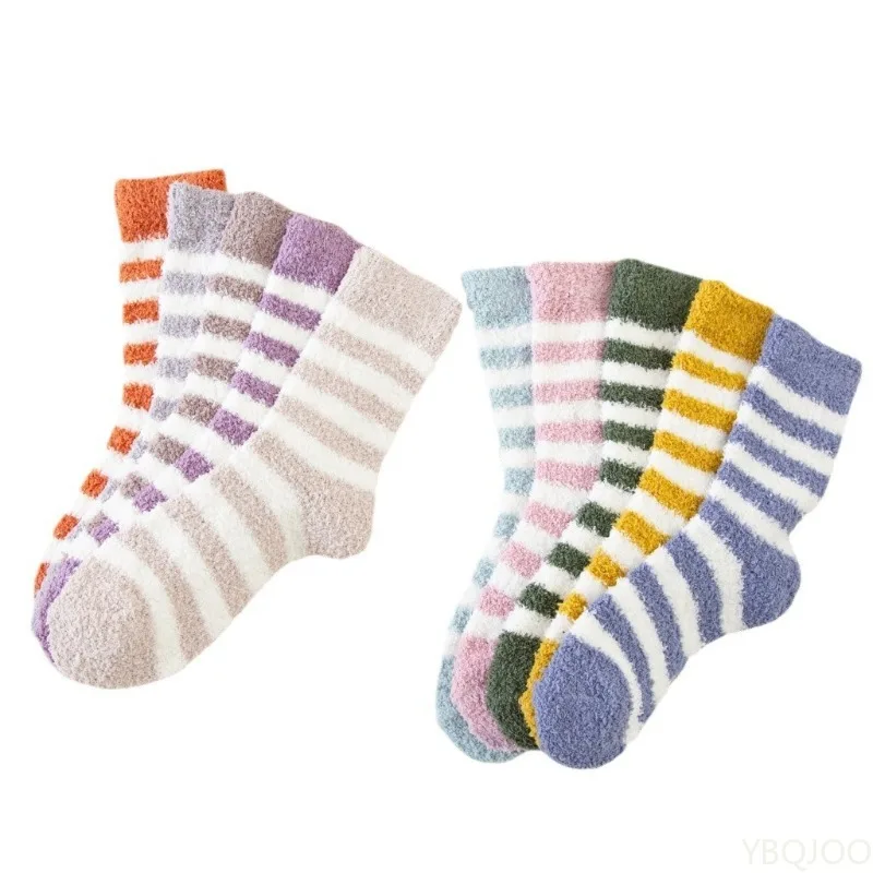 Non Shedding Striped Coral Fleece Socks Children Socks Cross-border Women Slippers Socks Hairy Sleeping Socks Half Flannel Socks