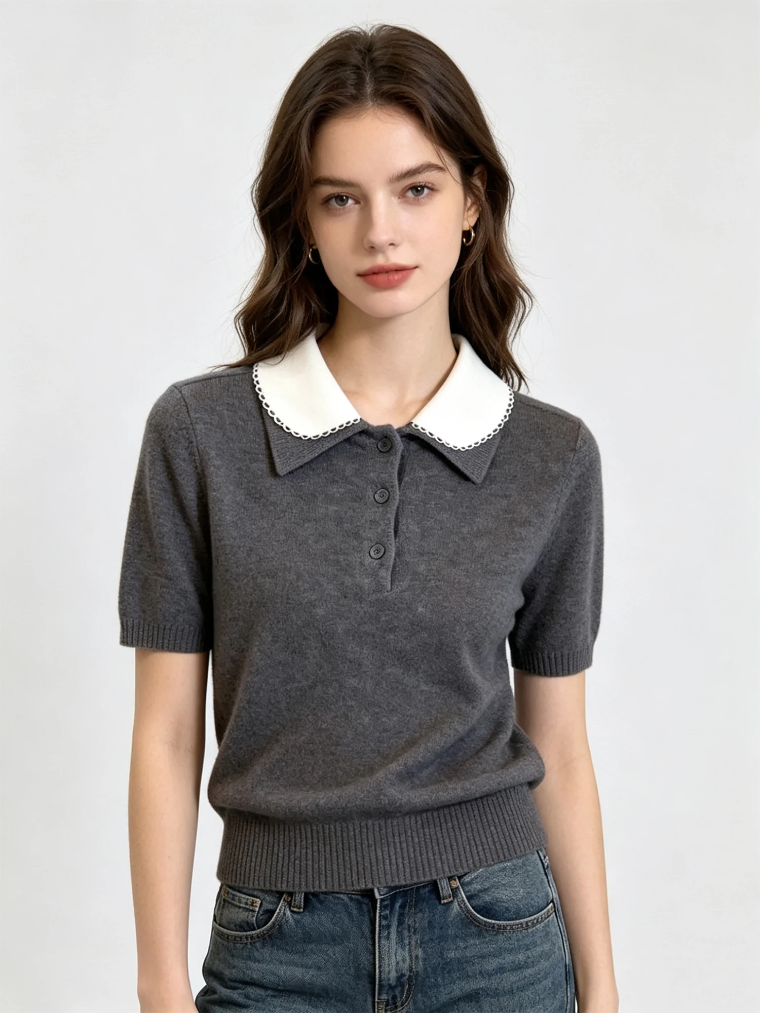 Women's Grey Peter Pan Collar Short Sleeve Knit T-shirt Y2K Gyaru Vintage Knitwear Korean Elegant Knit Top for Women Summer 2026