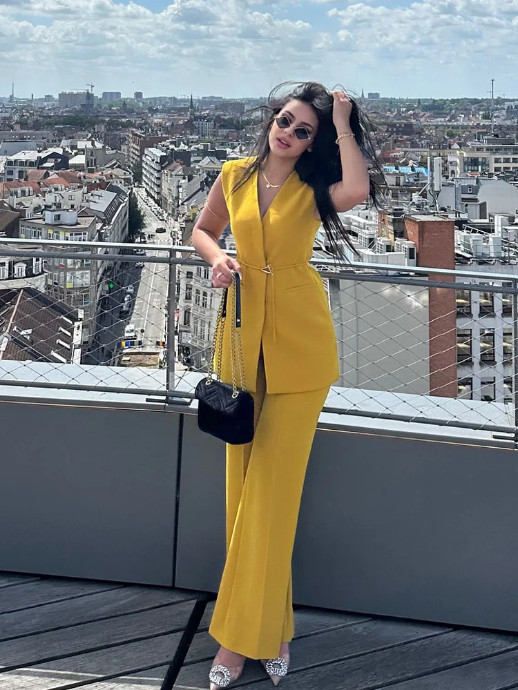 HH Women 2 Piece Set Sleeveless Pocket Belt V-Neck Decorate Vest Top+Solid Side Zip High Waist Loose Casual Wide Leg Pants