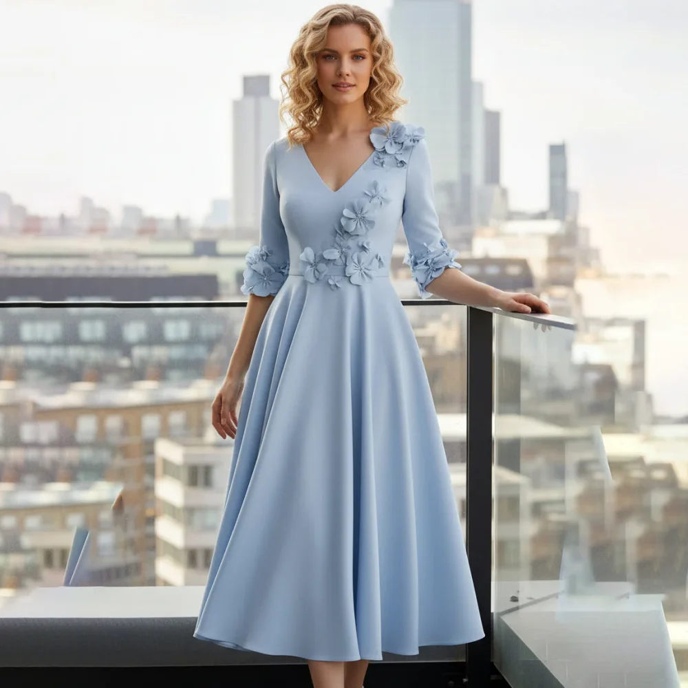 Customized Mother Of Bride Dresses Light Blue V Neck 3D Floral Tea Length Backless 3/4 Sleeve A Line Midi Wedding Guest Dress