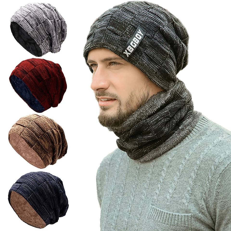 

Winter Hat Pullover Hat Scarf Set Padded Thickened Neck Warm Woolen Cap Men Outdoor Climbing Hiking Windproof Knitted Headwear