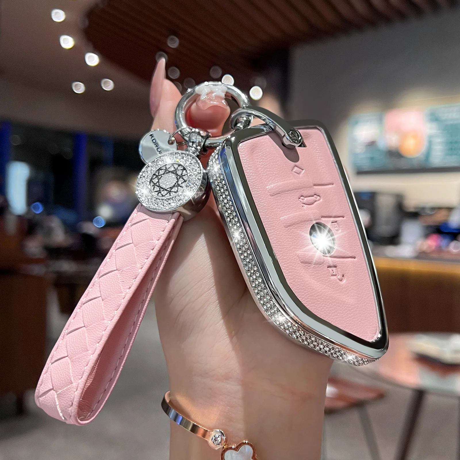 for BMW Key Fob Cover with Keychain, Pink Genuine Leather Crystal Key Case Protection Shell Compatible with BMW 2 5 6 7 X1 X2 X3