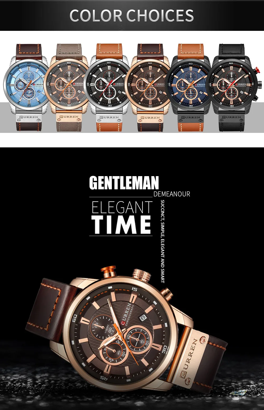 CURREN 8291 Herren-Quarz-Chronographenuhr, lässige Leder-Militär-Sport-Mode-Gentleman-Armbanduhr – Detail 3