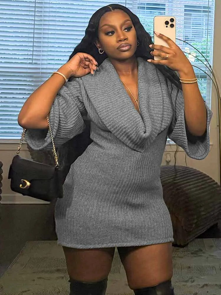 BKQU-vestido suéter gris con cuello oscilante para mujer, minivestido elegante y Sexy con cuello en V y media manga de murciélago, vestido de noche de fiesta