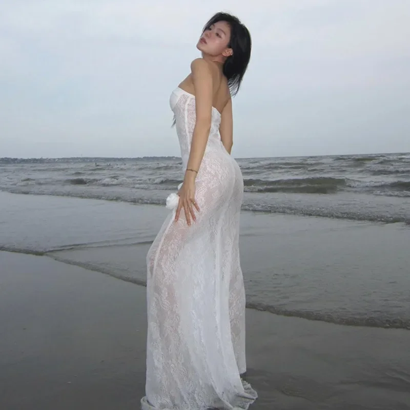 فستان دانتيل مثير بقصة ضيقة لفصل الربيع والصيف، بدون حمالات، تنورة طويلة زائدة زهور ثلاثية الأبعاد