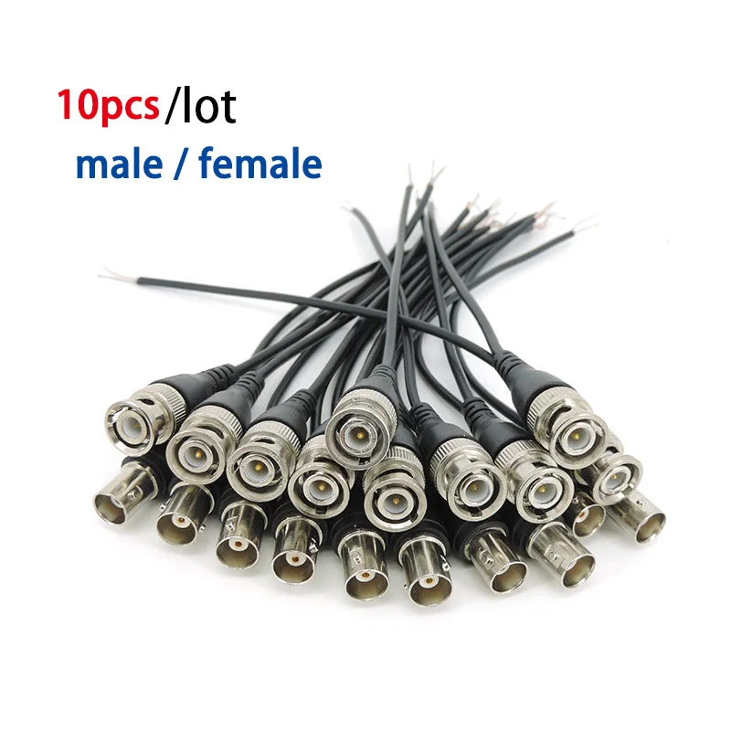 10pcs Welding free BNC male female connector Pure copper jumper Q9 head coaxial signal video cable with tail wire 19cm