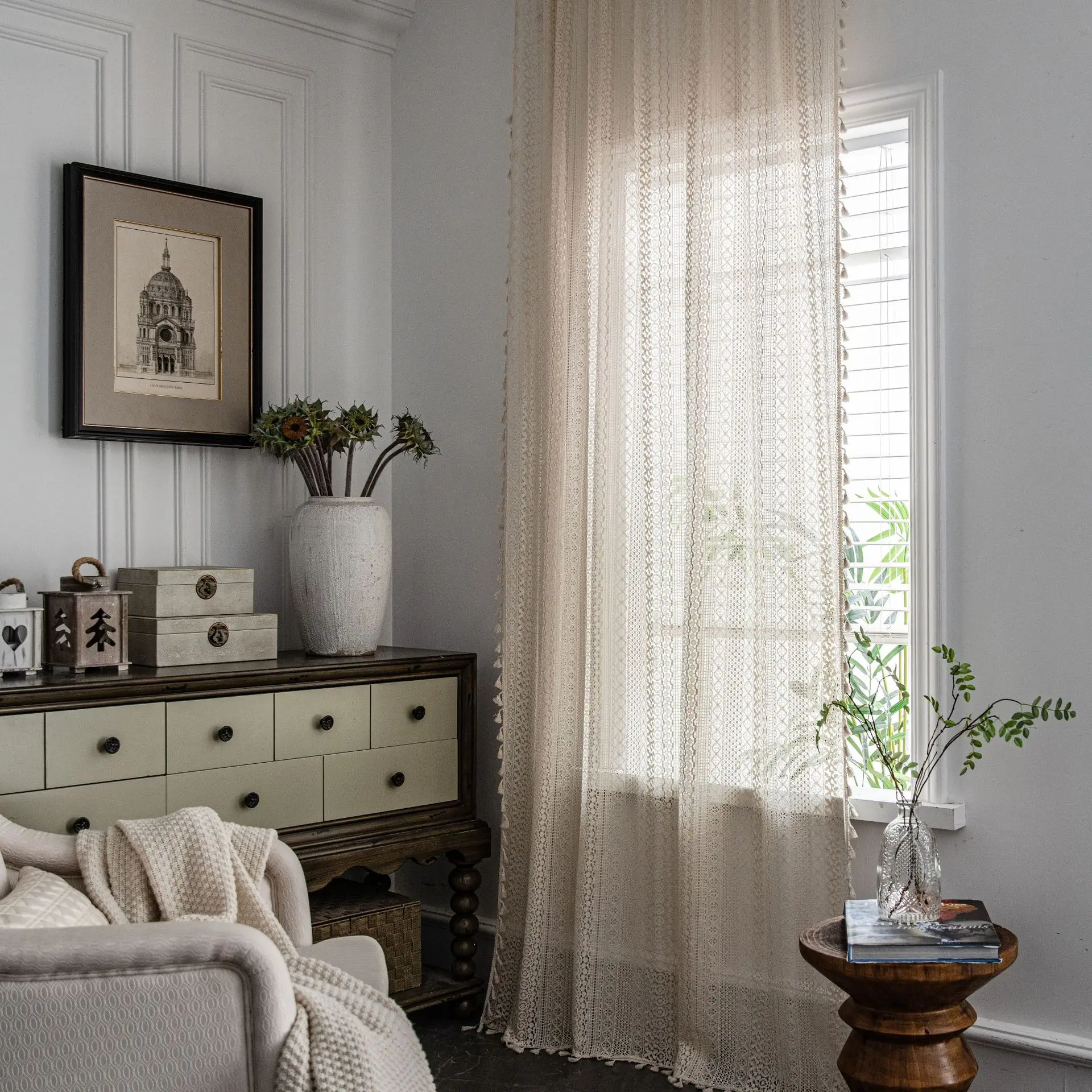 Curtains Beige Crochet Translucent American Style Countryside Hollowed Out Living Room Balcony Bedroom Bay Window Artistic