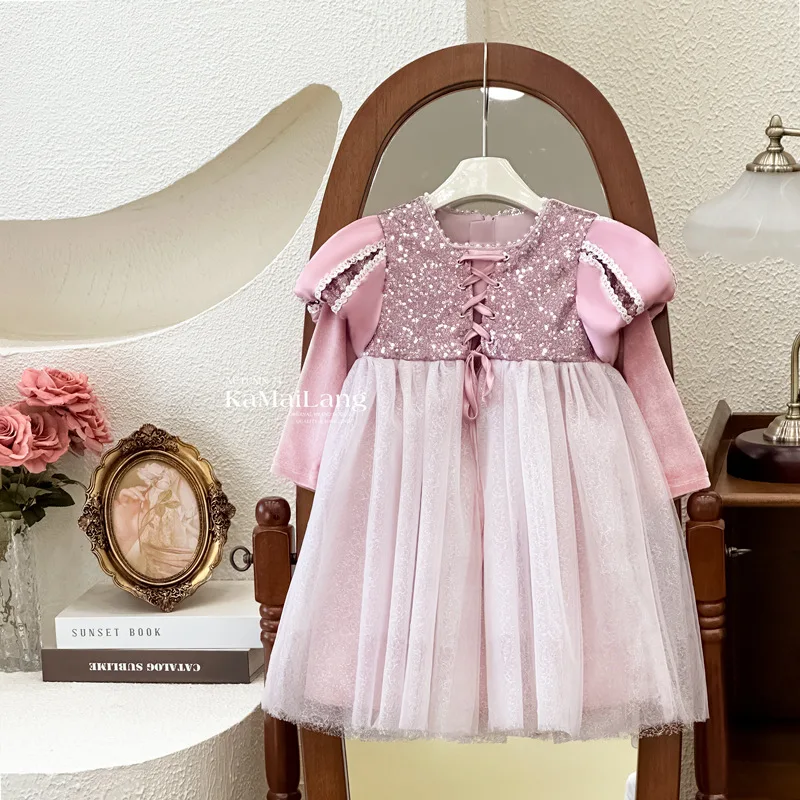 Girls Skirts 2024 Autumn New Childrens Wear Girl High-grade Temperament Purple Heavy Industry Princess Dress Casual Simple Daily