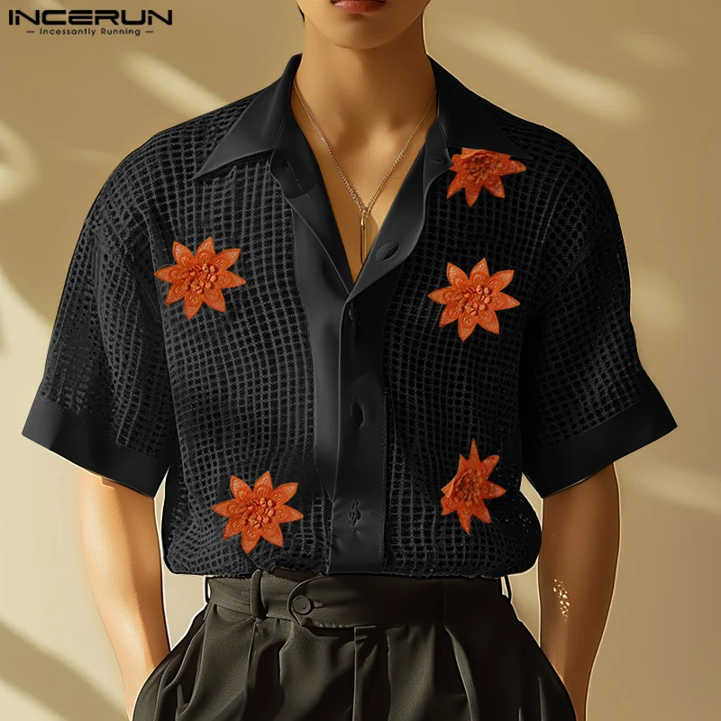 

INCERUN Tops 2024 American Style Men's Hollow Flower Decoration Design Shirts Summer Leisure Hot Sale Short Sleeved Blouse S-5XL