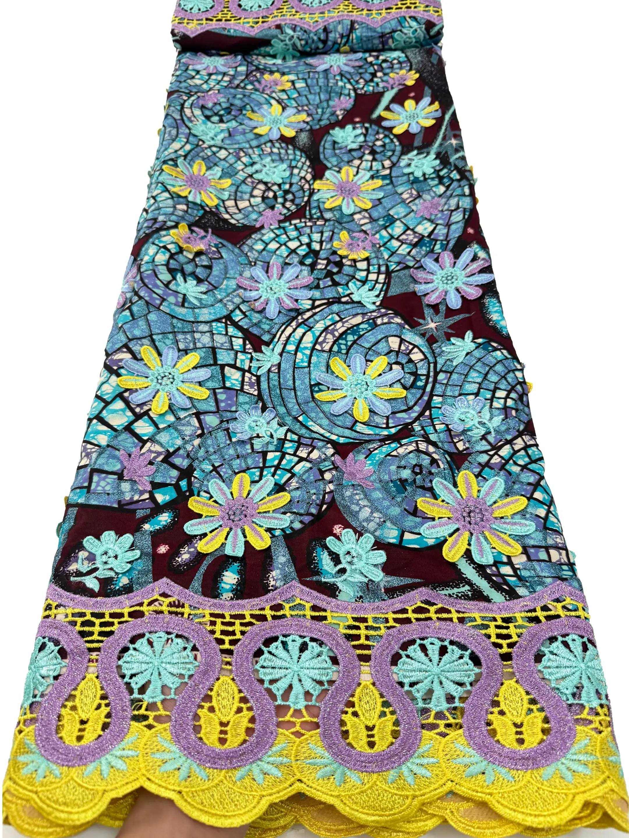 2026 High Quality Ghana Ankara 3D Embroidered Wax Fabric with Lace Nigerian Guipure Cord Golden Wax Fabric for Dress