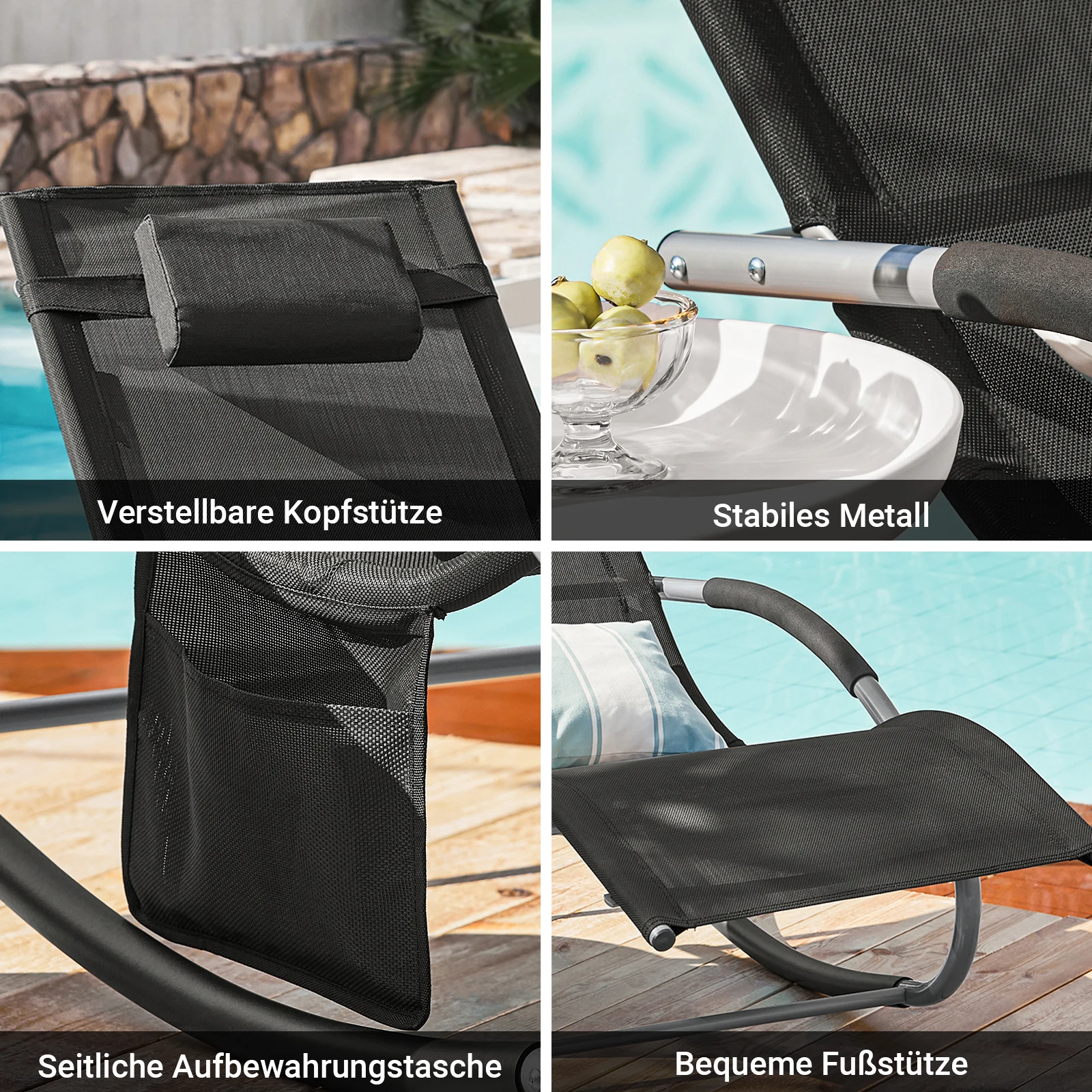 SoBuy OGS28 Sonnenliege Gartenliege wetterfest Liegestuhl Schaukelstuhl mit Kopfkissen Outdoor Terrasse Balkon Camping bis 150kg – Detail 9