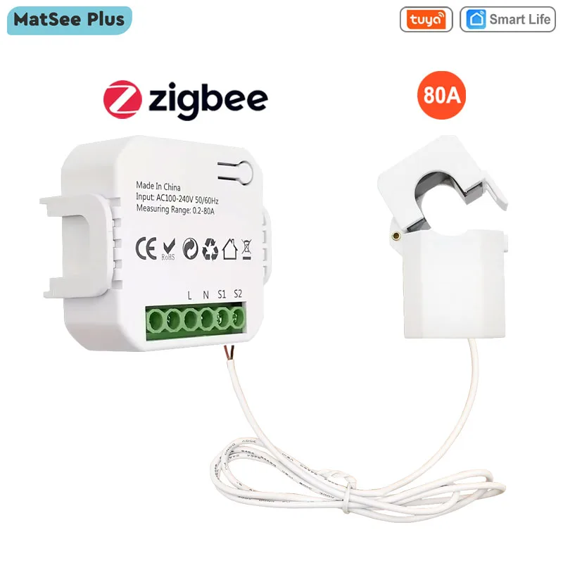 Tuya Smart Life ZigBee Clamp Power Meter Energy Monitor 80A with Current Transformer Electricity Statistics110V 240V 50/60Hz