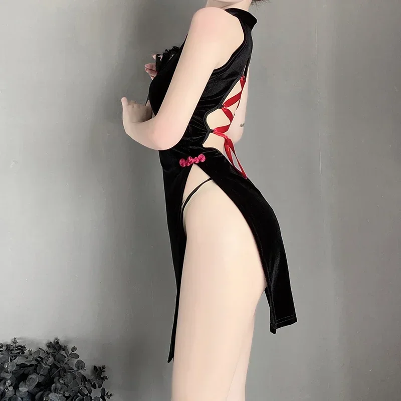 Sexy Lingerie Black High Split Cheongsam Uniform Backless Lacing Exotic Dresses Hollow Out Cheong-sam Night Club Wear Women Girl