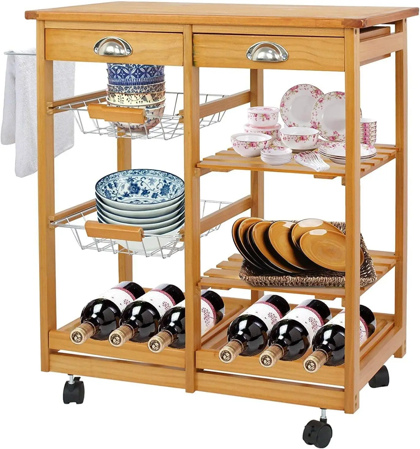 

Wooden Kitchen Island Cart with Kitchen Cart Rolling Service Utility Cart on Wheels with 2 Drawers 3 Shelves Towel Rack, Kitch