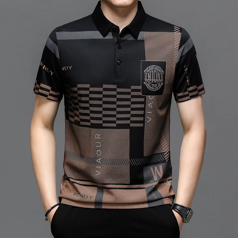 New Summer Men\'s Polo Shirt Business Casual Short Sleeves T-Shirts Turn-down Collar Letter Printing Button Striped Polo Tees