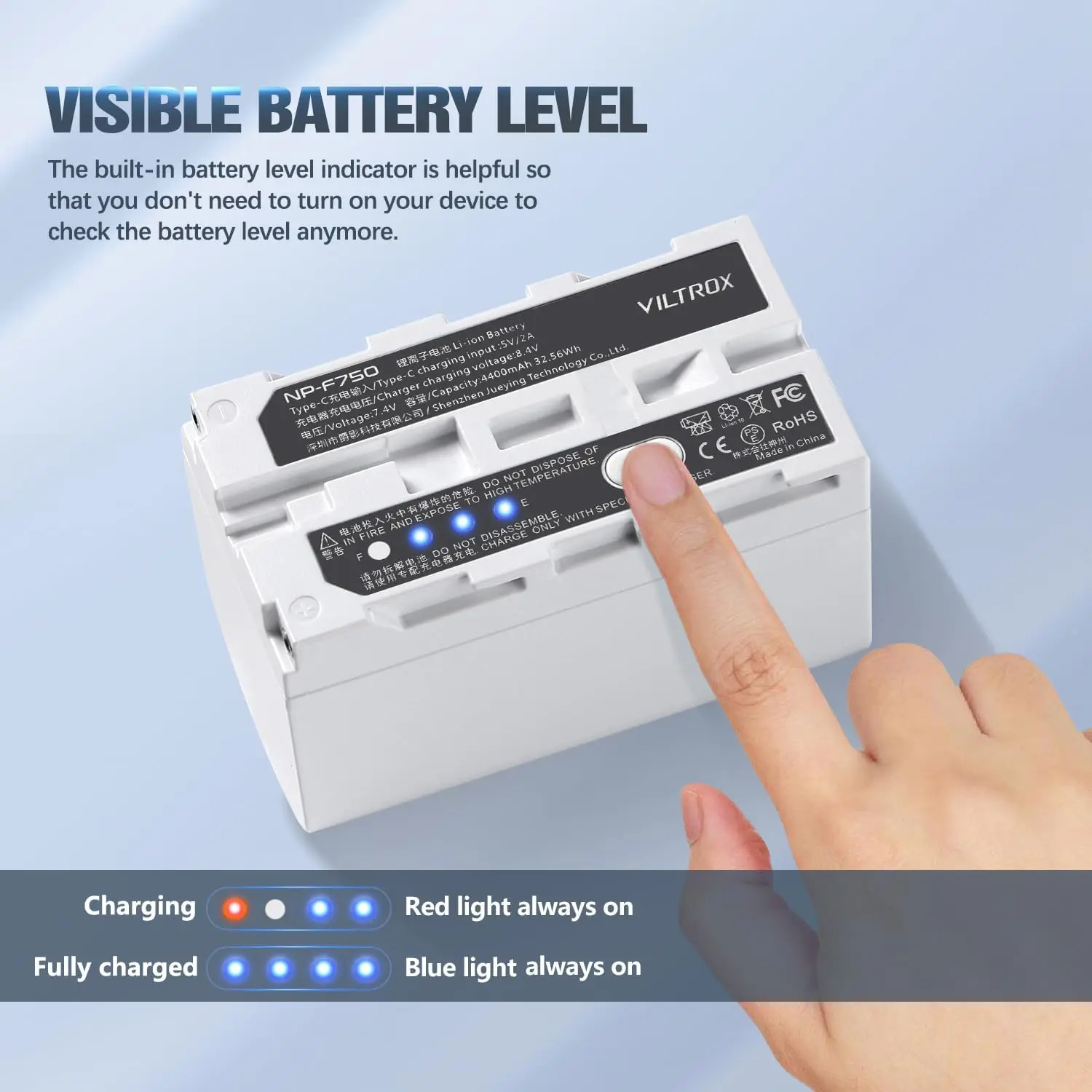 

VILTROX NP-F550/F750/F970 Lithium Battery 6600mAh Portable Battery With Type-C Interface&LED Power Indicator for Monitor