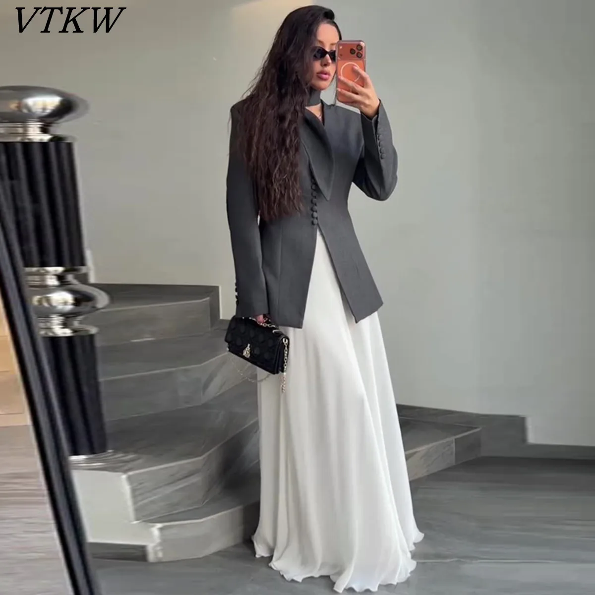 

VTKW Women's Grey Blazer And White Maxi Skirt Set Asymmetric Tailored Jacket Flowy Chiffon Skirt Formal Casual Wear