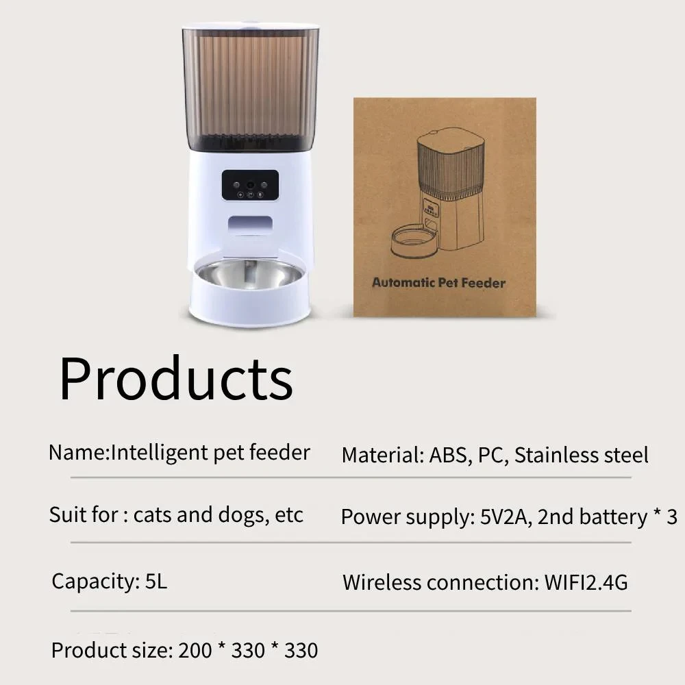 5L automatic feeder WiFi with camera, high-definition intelligent interactive pet food timer, stainless steel bowl feeder