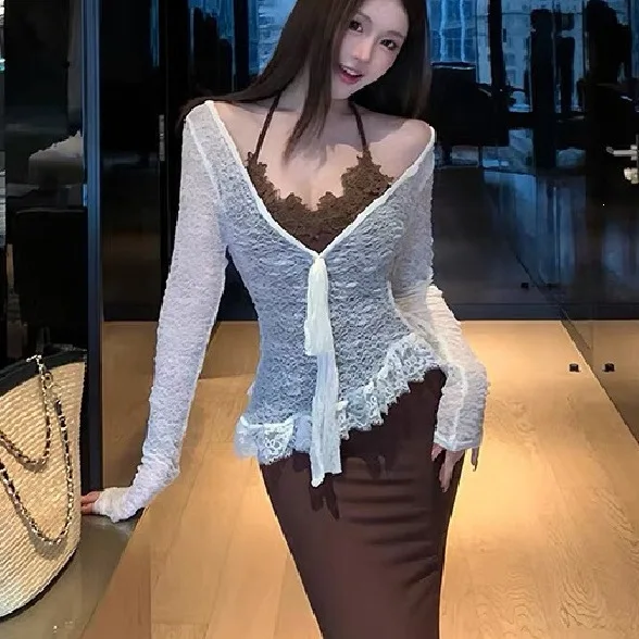 Elegant Lace Long Sleeve Women's Dress Neck Hanging Skirt Two-Piece Set Spring Autumn Season Bodycon Floor-Length Gown