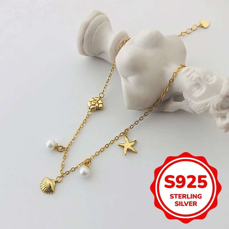 

S925 sterling silver seaside holiday beach starfish shell bracelet women's retro ornate palace fashion elegant classic trend