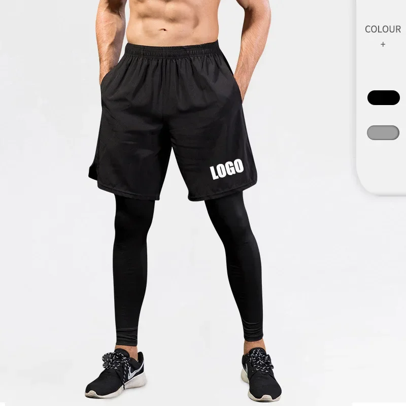 Custom LOGO Men's Leggings Fake Two Pieces Fitness Running Cycling Training Casual Elastic Quick-Drying Pants