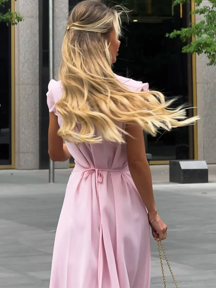 Chic rosa chiffon plissado em camadas maxi vestidos para mulheres elegante decote em v sem mangas rendas até vestidos de festa 2025 verão senhora roupões