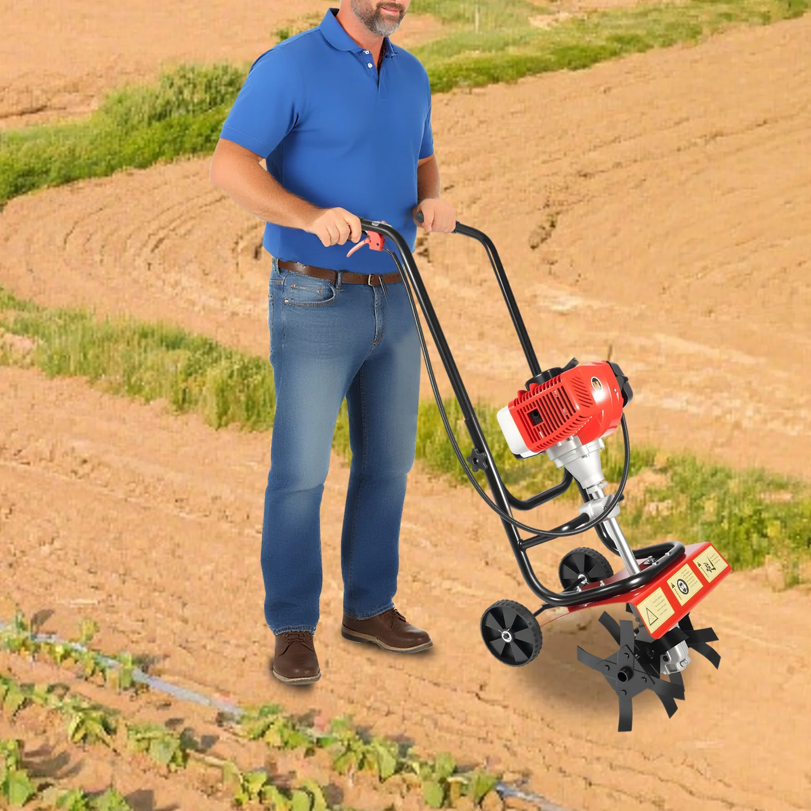 1.9KW 52cc Gas Tiller, 65 Manganese Steel Blades, 2-Stroke Engine for Garden, Farm, Weeding, Easy Start & Durable Design