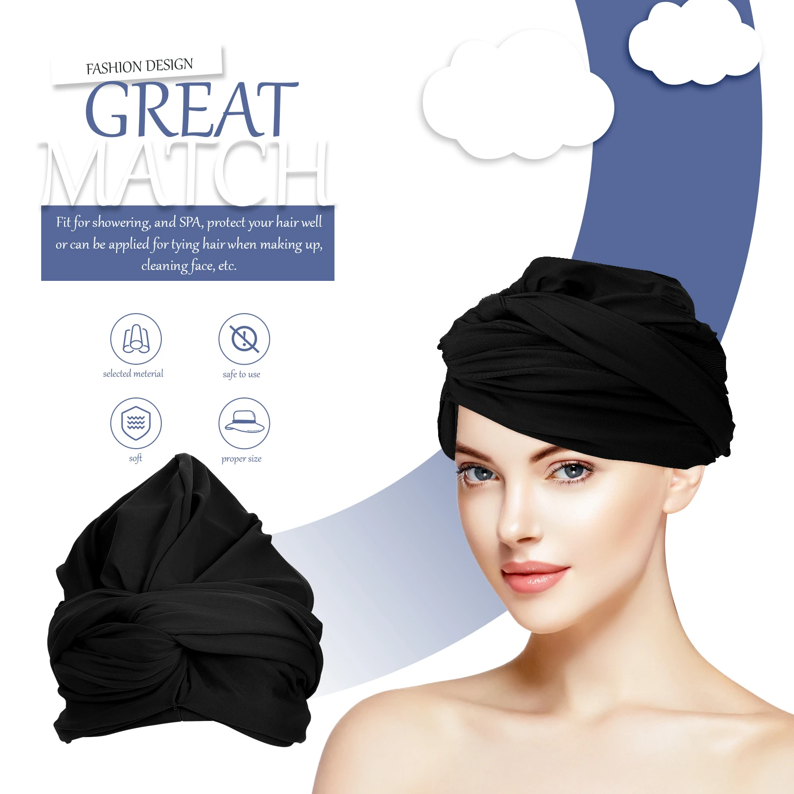 

Swim Cap for Long Hair Swimming Shower Women Reusable Waterproof Black Polyester Adult Miss