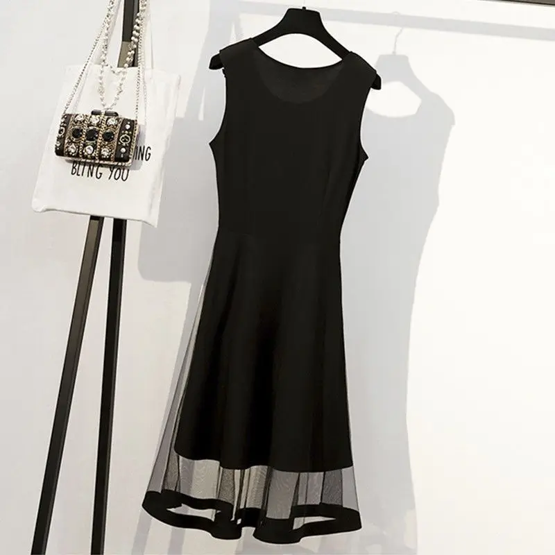Stylish Gauze Patchwork Midi Dress Casual O-Neck Summer Sleeveless Female Clothing All-match Solid Color A-Line Waist Dresses