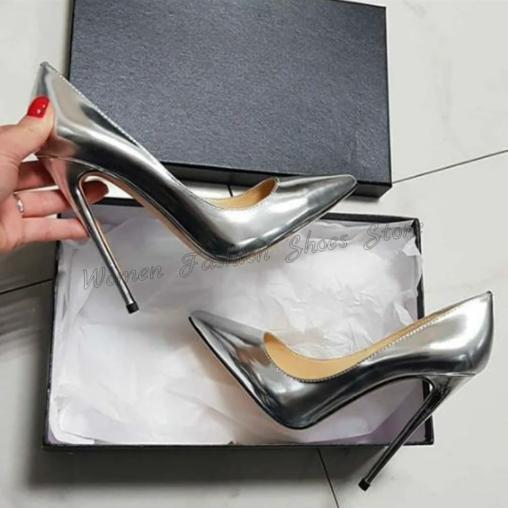 

Silver Slip on Pointed Toe Pumps Stilettos High Heels Patent leather High Heel Shoes for Women Heels 2025 New Zapatos Para Mujer