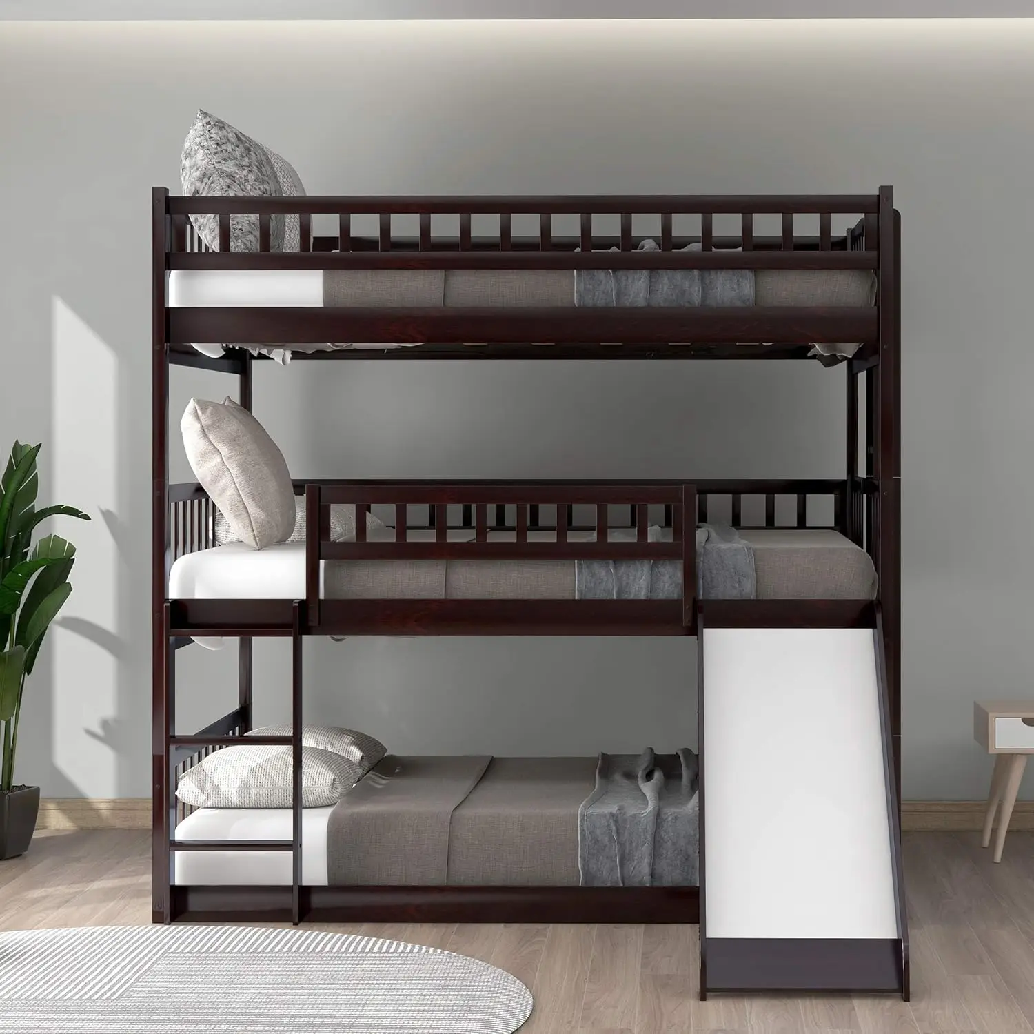 Tempat tidur susun tiga dengan perosotan, penuh penuh di atas tempat tidur susun penuh Convertible untuk anak-anak/remaja/dewasa, Espresso