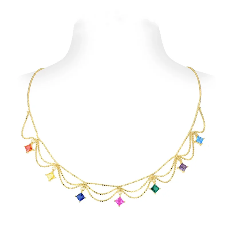 

BELLUX 925 Silver Gold Plated Synthetic Zircon Square Colored Gemstones Sweet Multi Layer Lace Tassel Necklace