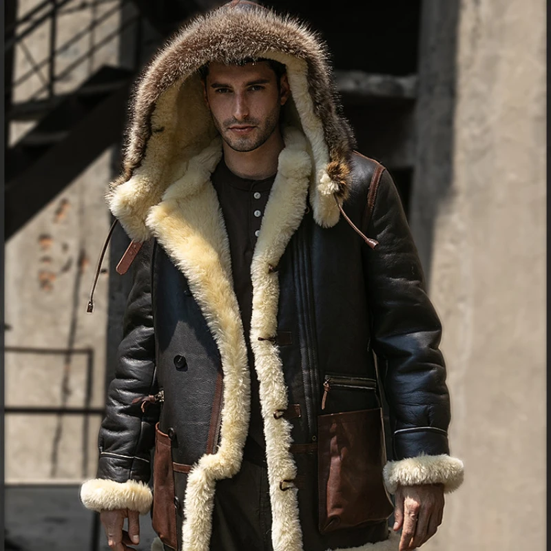 Retro Pilot Genuine Leather Jacket Sheepskin and Fur Men's Coat Real Leather Fur 26mm Thickened 2022 Winter Shearling Overcoat